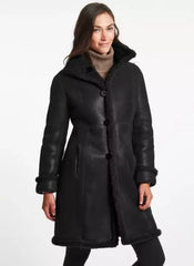 Women's Black Leather Shearling Coat - Premium Winter Coat JNW-0066
