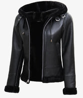 Women's Black Leather Hooded Shearling Jacket JNW-0067