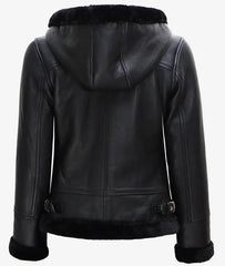 Women's Black Leather Hooded Shearling Jacket JNW-0067