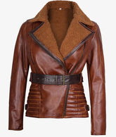Women's Brown Moto Sherpa Leather Jacket JNW-0068