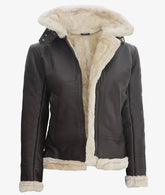 Women's Dark Brown Hooded Shearling Leather Jacket JNW-0069