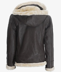 Women's Dark Brown Hooded Shearling Leather Jacket JNW-0069