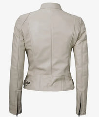 Dodge Beige Cafe Racer Leather Jacket for Women JNW-0009