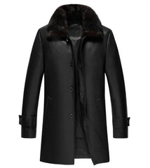 Men's Premium Black Leather Coat with Shearling Collar JNM-0057