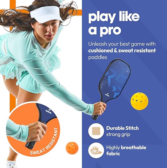 Pickleball Paddle Set of 2 with Ball Picker, Carry Bag, 4 Balls & Grip Tapes | Lightweight Fiberglass Paddles with Honeycomb Core | Sweat-Resistant Grip for Beginners & Pros