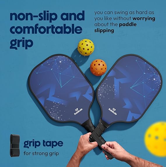Pickleball Paddle Set of 2 with Ball Picker, Carry Bag, 4 Balls & Grip Tapes | Lightweight Fiberglass Paddles with Honeycomb Core | Sweat-Resistant Grip for Beginners & Pros