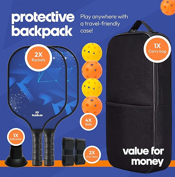 Pickleball Paddle Set of 2 with Ball Picker, Carry Bag, 4 Balls & Grip Tapes | Lightweight Fiberglass Paddles with Honeycomb Core | Sweat-Resistant Grip for Beginners & Pros