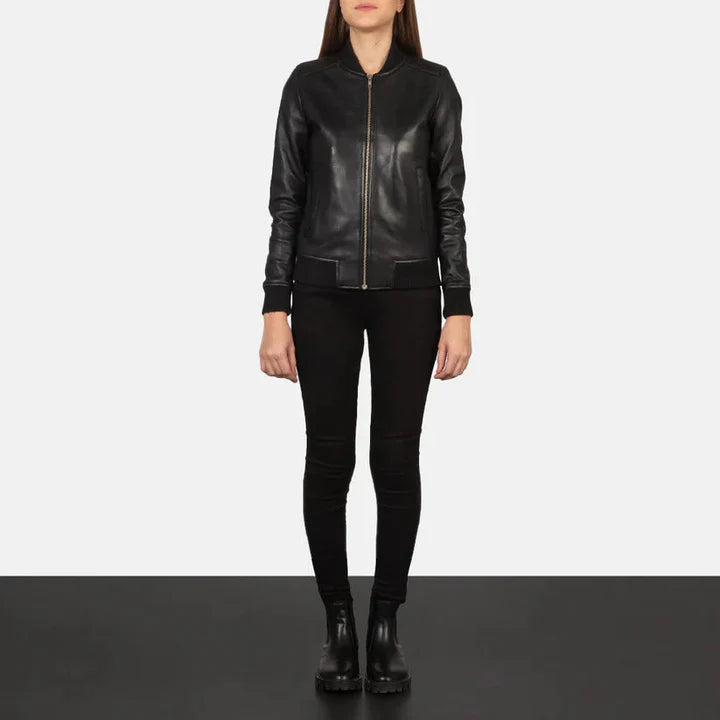 Black Real Leather Bomber Jacket JNW-0004