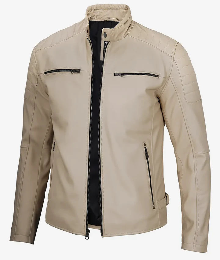 Men's Real Lambskin Leather Beige Cafe Racer Jacket JNM-0035