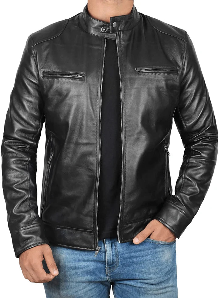 Men's Black Lambskin Leather Cafe Racer Jacket JNM-0015