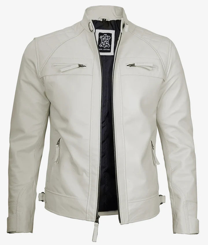 Men's Quilted Shoulder Off White Cafe Racer Leather Jacket LSM-0034