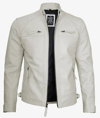 Men's Quilted Shoulder Off White Cafe Racer Leather Jacket LSM-0034