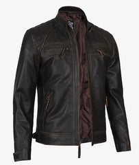 Men's Dark Brown Cafe Racer Leather Jacket - Quilted Shoulder JNM-0025