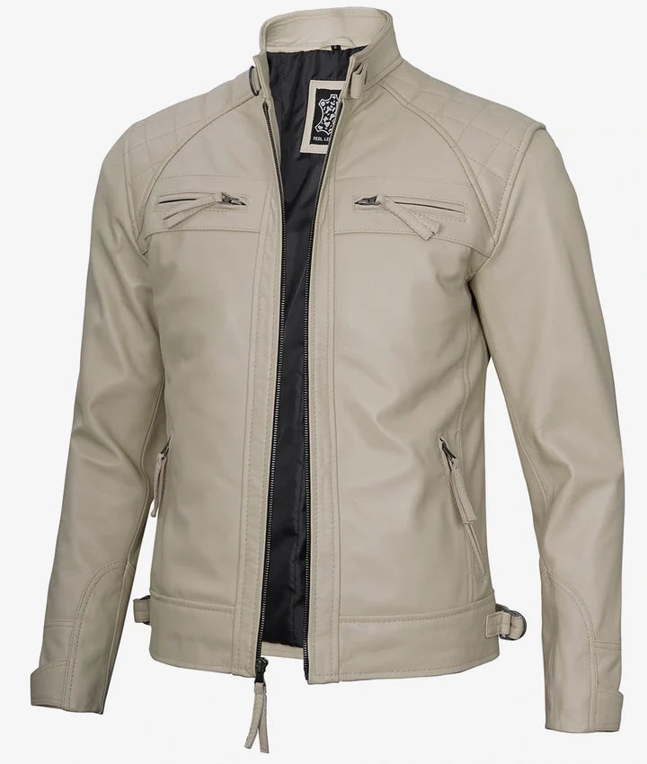 Men's Café Racer Beige Leather Jacket - Quilted Shoulder JNM-0018