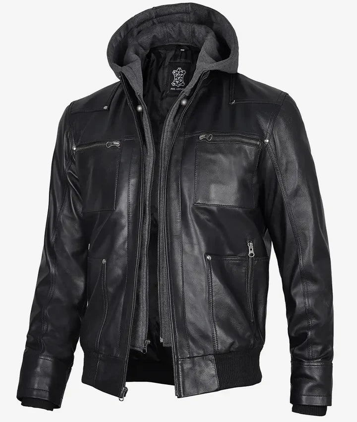 Men's Black Leather Bomber Jacket with Removable Hood JNM-0016