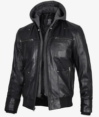 Men's Black Leather Bomber Jacket with Removable Hood JNM-0016