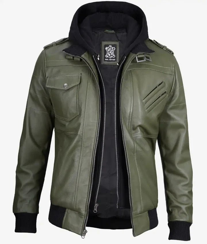Men's Military Green Bomber Leather Jacket With Hood JNM-0028