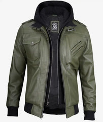 Men's Military Green Bomber Leather Jacket With Hood JNM-0028