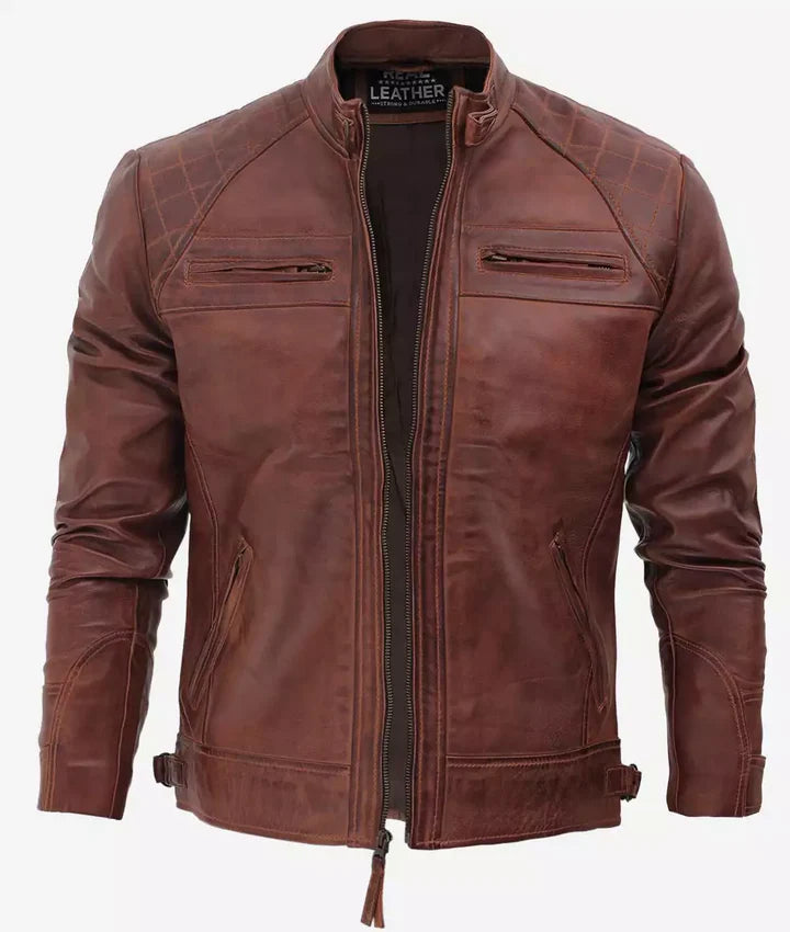 Men's Café Racer Cognac Leather Jacket - Quilted Shoulder JNM-0021