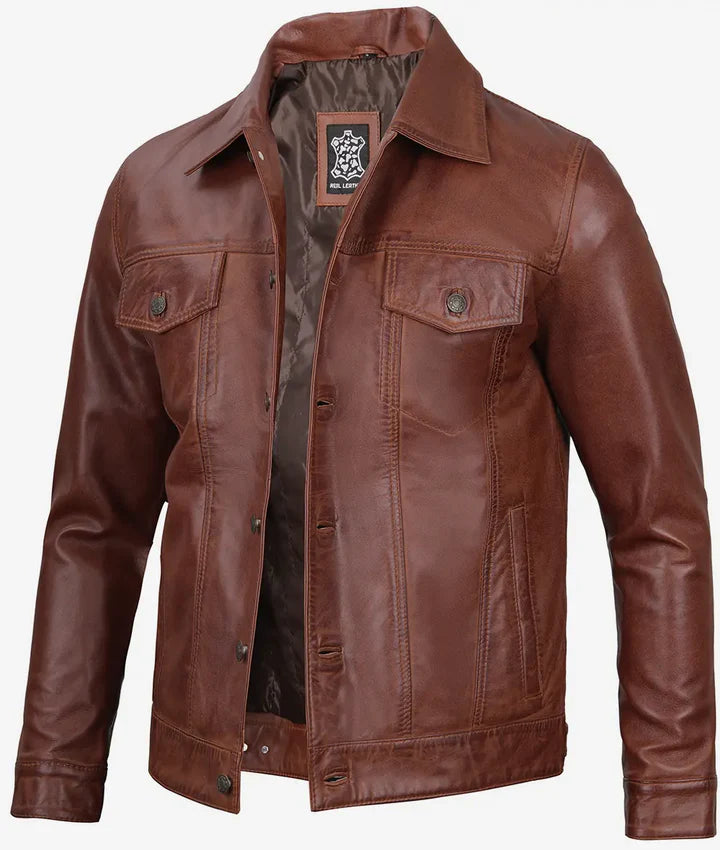 Men's Cognac Trucker Leather Jacket JNM-0023