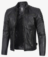Men's Black Café Racer Leather Jacket with Padded Shoulders JNM-0014