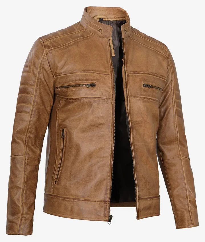 Men's Cafe Racer Camel Brown Leather Jacket JNM-0020