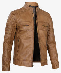 Men's Cafe Racer Camel Brown Leather Jacket JNM-0020