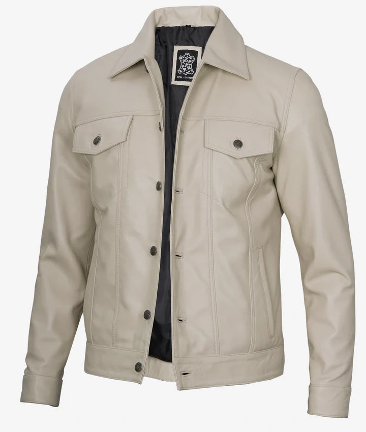 Men's Real Lambskin Leather Beige Trucker Jacket JNM-0036