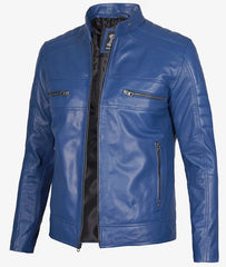 Men's Slim Fit Blue Cafe Racer Leather Jacket LSM-0039