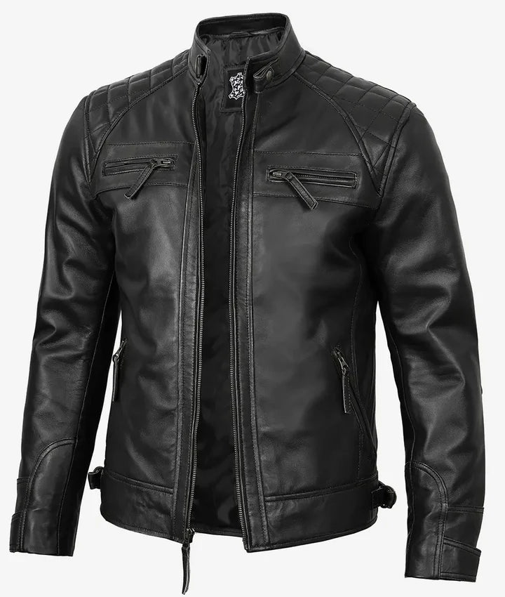 Men's Quilted Shoulder Black Cafe Racer Leather Jacket JNM-0033