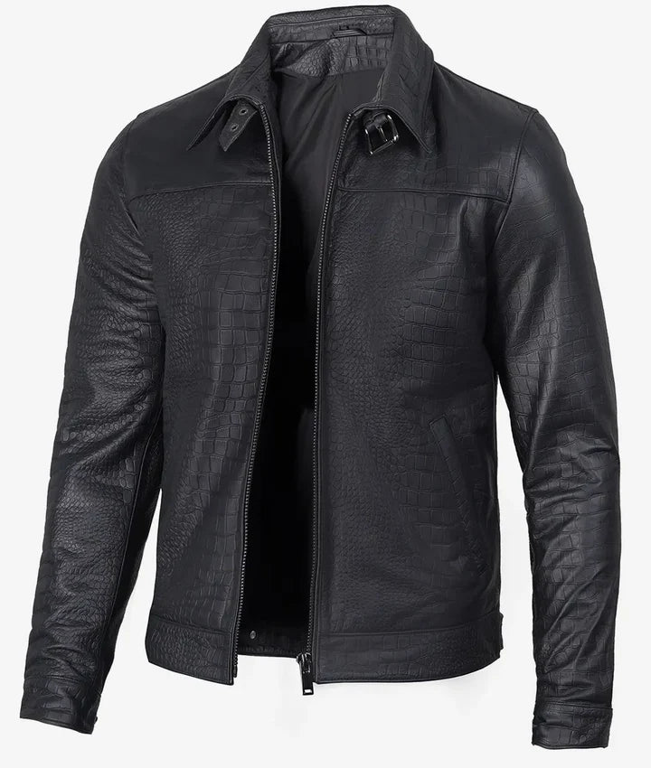 Men's Premium Black Crocodile Textured Leather Jacket JNM-0030
