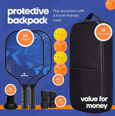 Pickleball Paddle Set of 2 with Ball Picker, Carry Bag, 4 Balls & Grip Tapes | Lightweight Fiberglass Paddles with Honeycomb Core | Sweat-Resistant Grip for Beginners & Pros