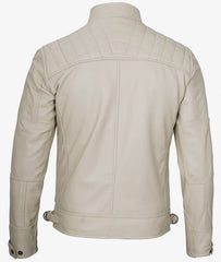 Men's Café Racer Beige Leather Jacket - Quilted Shoulder JNM-0018