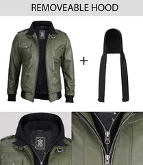 Men's Military Green Bomber Leather Jacket With Hood JNM-0028