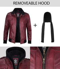 Men's Maroon Bomber Leather Jacket With Hood JNM-0026