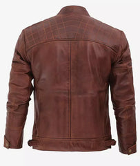 Men's Café Racer Cognac Leather Jacket - Quilted Shoulder JNM-0021