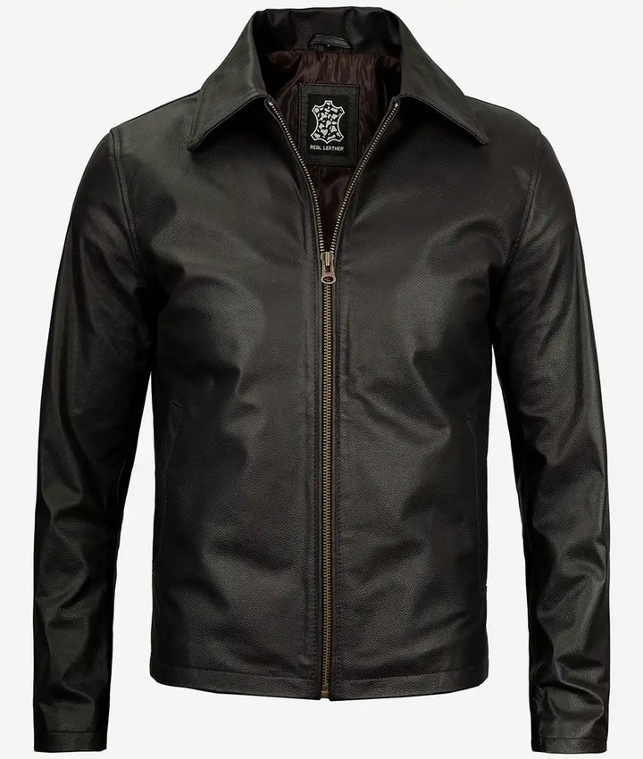 Men's Cowhide Leather Jacket with Shirt Collar JNM-0024