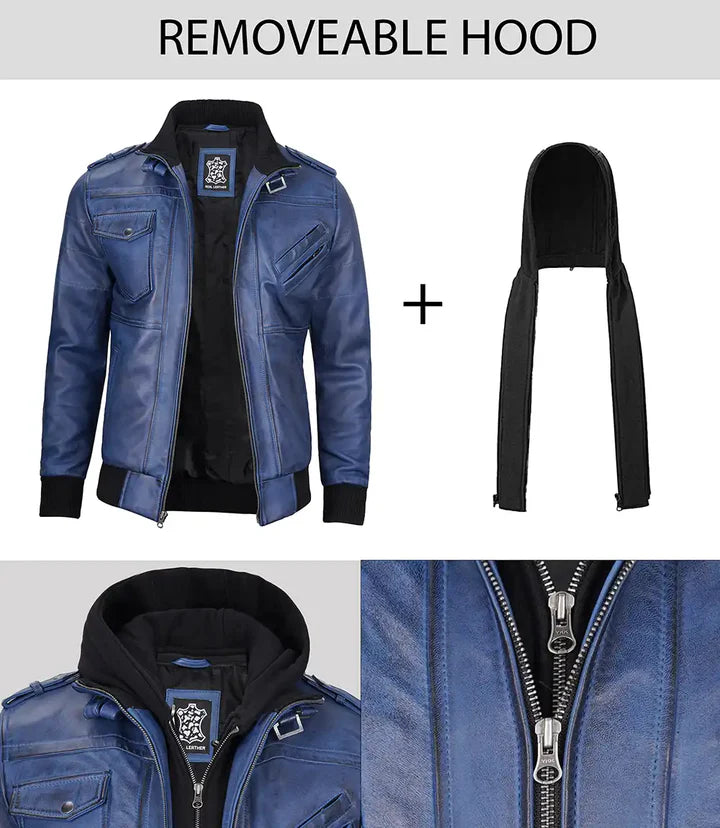 Men's Blue Wax Leather Jacket With Hood JNM-0017