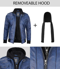 Men's Blue Wax Leather Jacket With Hood JNM-0017