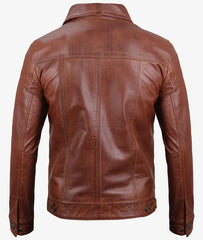 Men's Cognac Trucker Leather Jacket JNM-0023