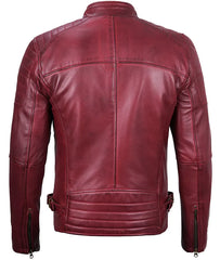 Men's Maroon Waxed Cafe Racer Leather Jacket LSM-0027