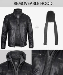 Men's Black Leather Bomber Jacket with Removable Hood JNM-0016