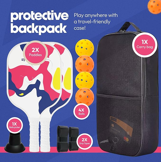 Pickleball Paddle Set of 2 with Ball Picker, Carry Bag, 4 Balls & Grip Tapes | Lightweight Fiberglass