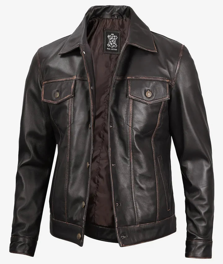 Fernando Men's Dark Brown Leather Trucker Jacket JNM-0011