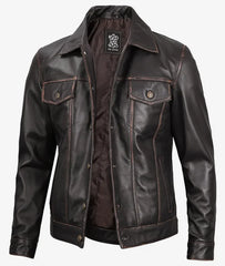 Fernando Men's Dark Brown Leather Trucker Jacket JNM-0011