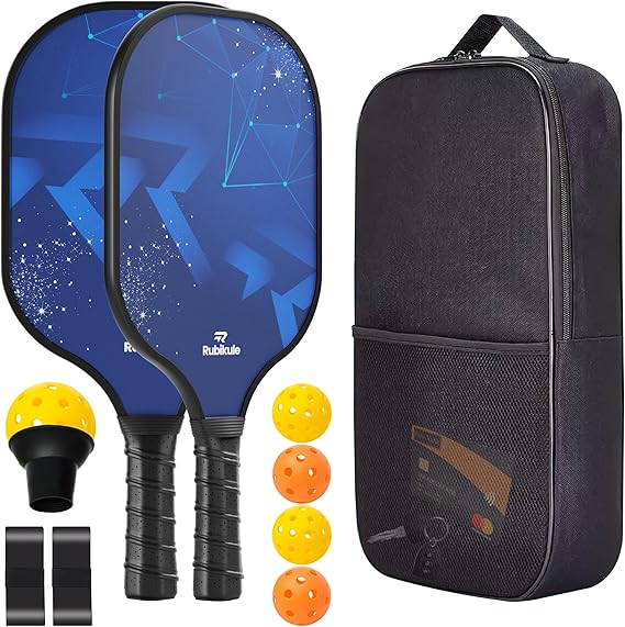 Pickleball Paddle Set of 2 with Ball Picker, Carry Bag, 4 Balls & Grip Tapes | Lightweight Fiberglass