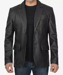 Men's Notch Lapel 2 Buttons Black Lambskin Leather Blazer JNM-0070