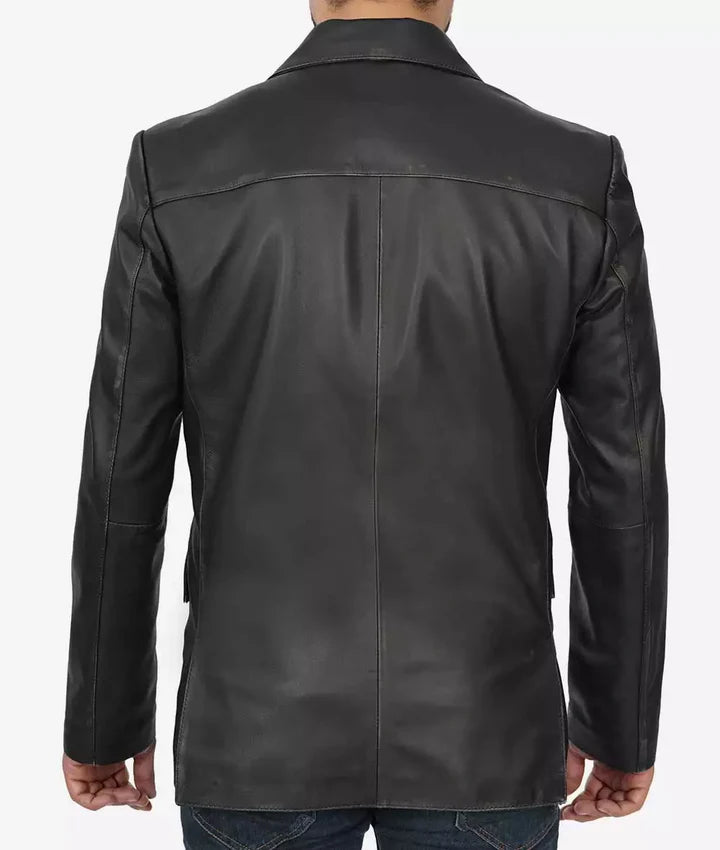 Men's Notch Lapel 2 Buttons Black Lambskin Leather Blazer JNM-0070