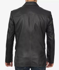 Men's Notch Lapel 2 Buttons Black Lambskin Leather Blazer JNM-0070