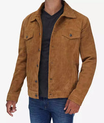 Men's Real Tan Suede Trucker Jacket JNM-0083